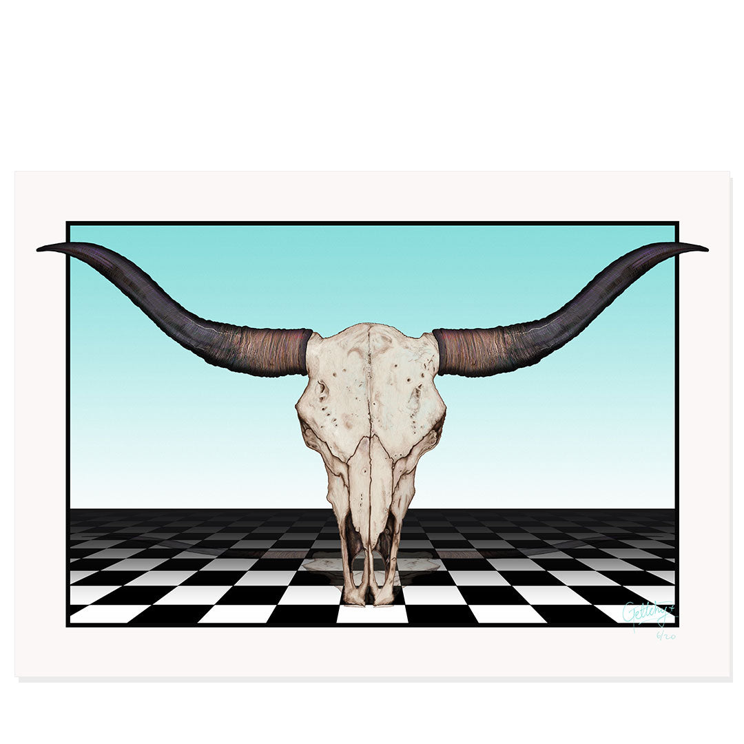 Geltchy | Steakhouse Surreal Cow Skull Illustration," a limited edition signed and numbered fine art print meticulously crafted by renowned Australian artist Mark Geltch