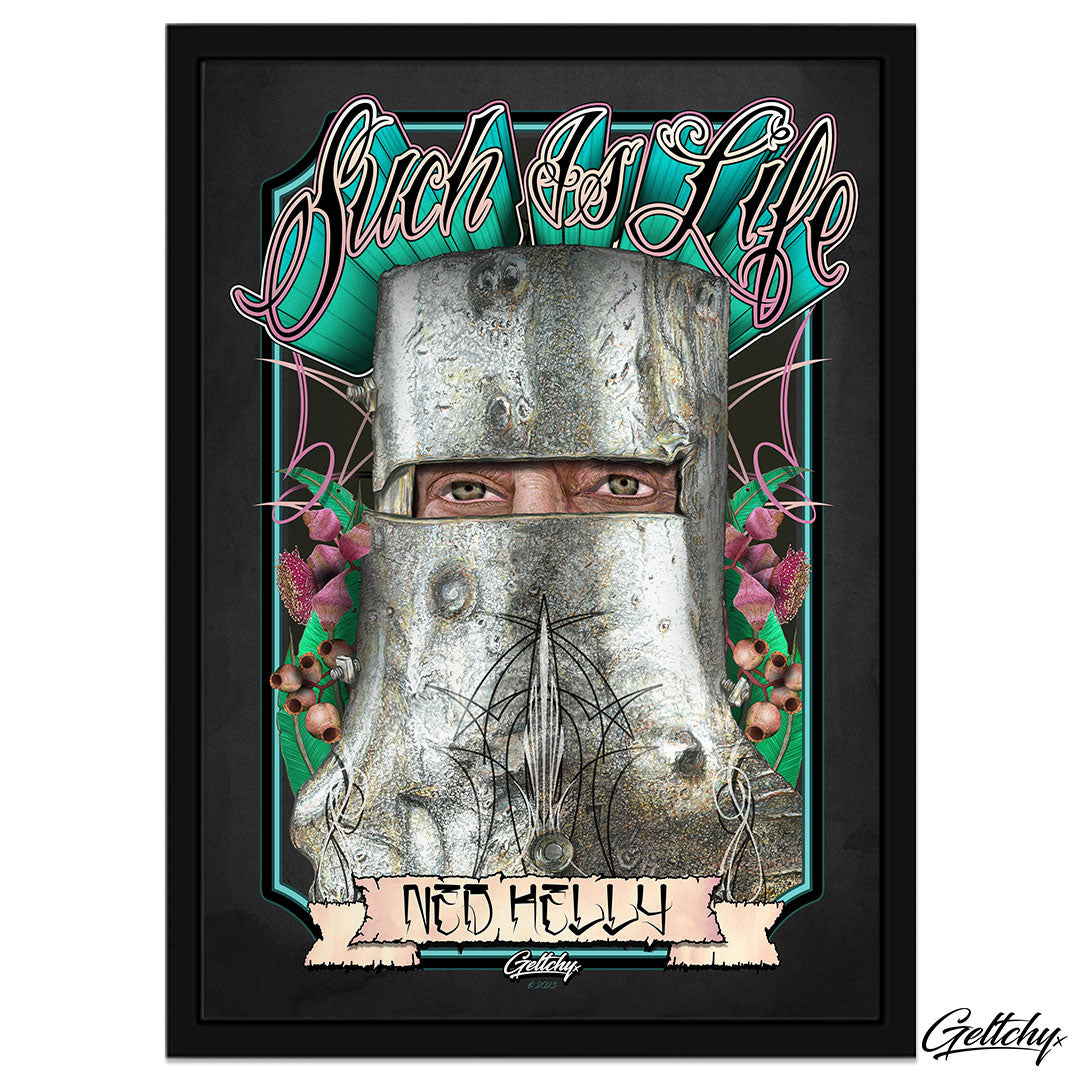 Geltchy | Such Is Life Ned Kelly Illustrated Framed Vintage Poster Print a captivating tribute to the iconic outlaw who left an indelible mark on Australian history and folklore