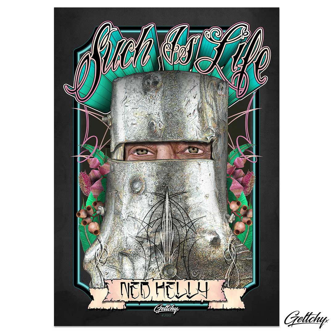 Geltchy | Such Is Life Ned Kelly Illustrated Vintage Poster Print a captivating tribute to the iconic outlaw who left an indelible mark on Australian history and folklore