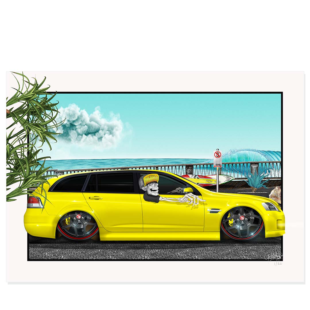 Geltchy | THE PEZ - Yellow Holden VE Custom Commodore Wagon Beach Artwork