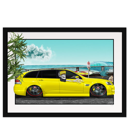 Geltchy | THE PEZ - Yellow Holden VE Custom Commodore Wagon Beach Framed Artwork