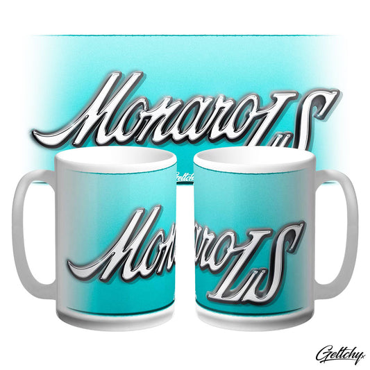 Taormina Blue HQ HOLDEN Monaro LS Badge Large 15oz Porcelain Coffee Mug – a masterpiece of auto art by Geltchy for your daily coffee rituals.