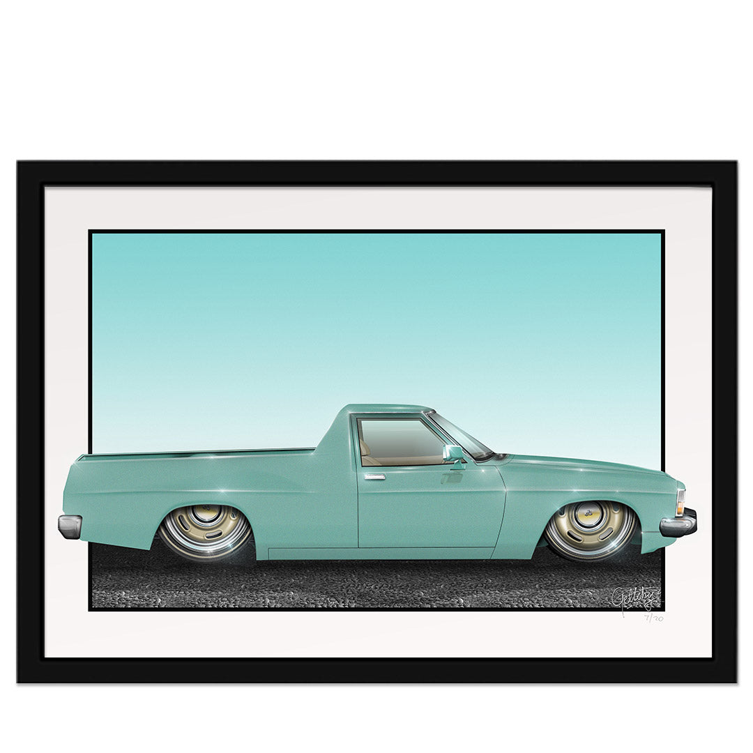 Geltchy | WB Holden Ute Auto Art Man Cave Framed Artwork in Sage Green with a Buckskin Interior a mild custom slammed masterpiece for automotive enthusiasts