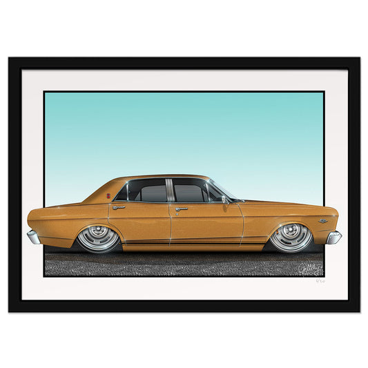 Geltchy | XR Ford Falcon GT Gold Auto Art Australian Muscle Car Framed Man Cave Artwork Print illustrated by Mark Geltch