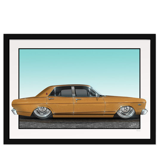 Geltchy | XR Ford Falcon GT Gold Auto Art Australian Muscle Car Framed Man Cave Artwork Print illustrated by Mark Geltch