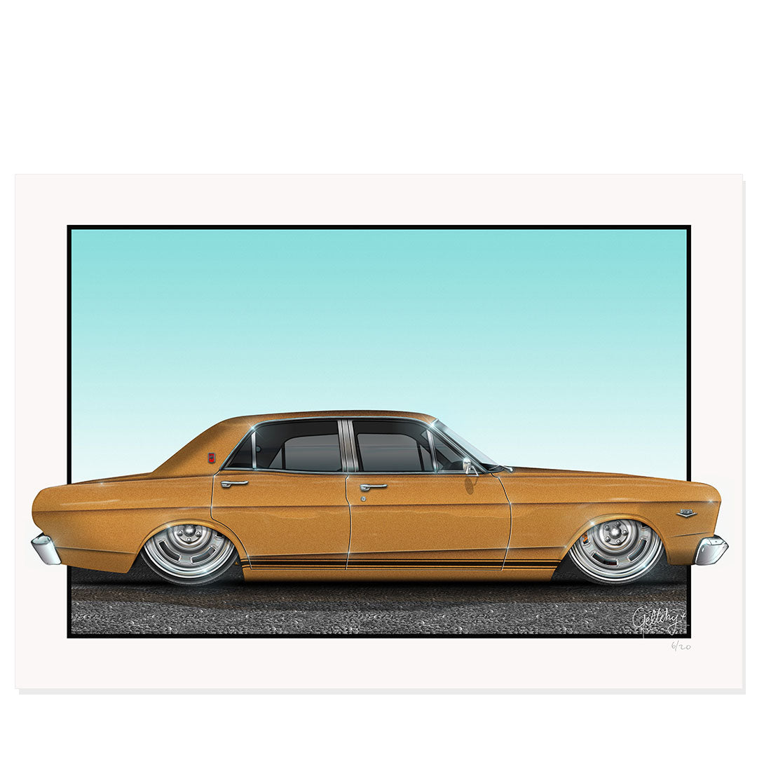 Geltchy | XR Ford Falcon GT Gold Auto Art Australian Muscle Car Man Cave Artwork Print illustrated by Mark Geltch