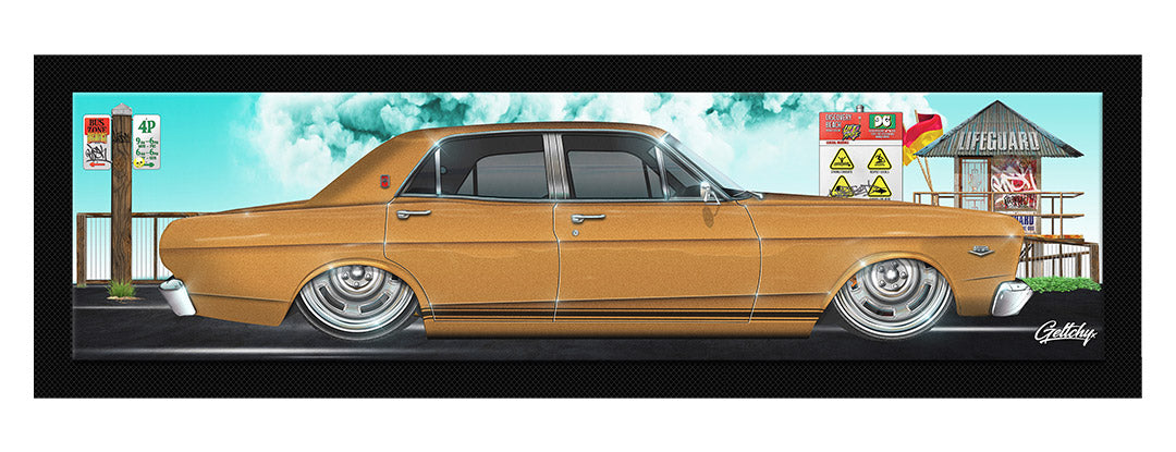 Geltchy | XR Ford Falcon GT Gold Auto Art Man Cave Bar Runner Mat – a captivating blend of automotive history and artistic flair, designed to elevate any space with its unique charm