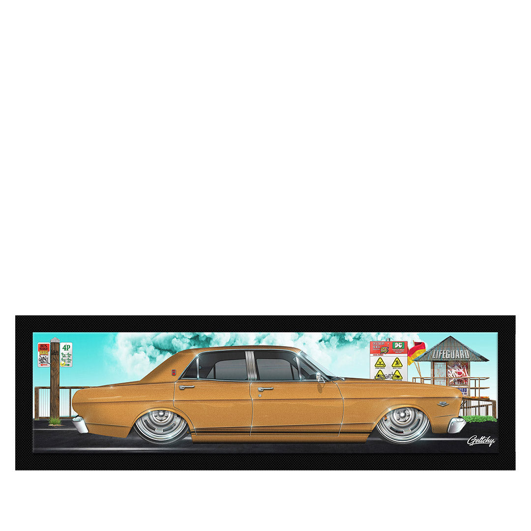 Geltchy | XR Ford Falcon GT Gold Auto Art Man Cave Bar Runner Mat featuring surreal Sunshine Coast Mount Coolum Discovery Beach street art by the talented Mark Geltch