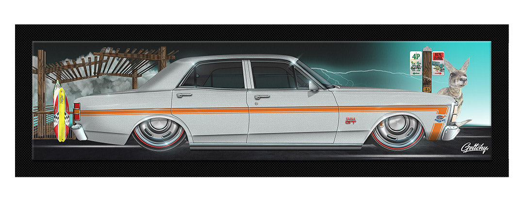 Geltchy | XW Ford Falcon GT Silver Auto Art Man Cave Illustrated Bar Runner Mat