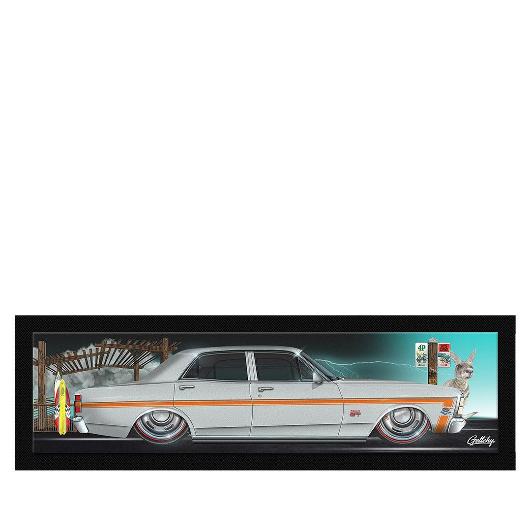 Geltchy | XW Ford Falcon GT Silver Auto Art Man Cave Illustrated Bar Runner Mat, a captivating blend of automotive history and artistic brilliance