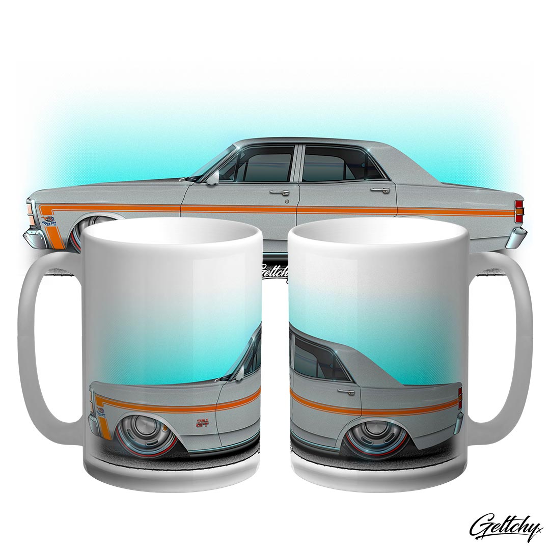 Geltchy | XW Ford Falcon GT Silver Fox Illustrated Slammed Auto Art Large 15oz Coffee Mug