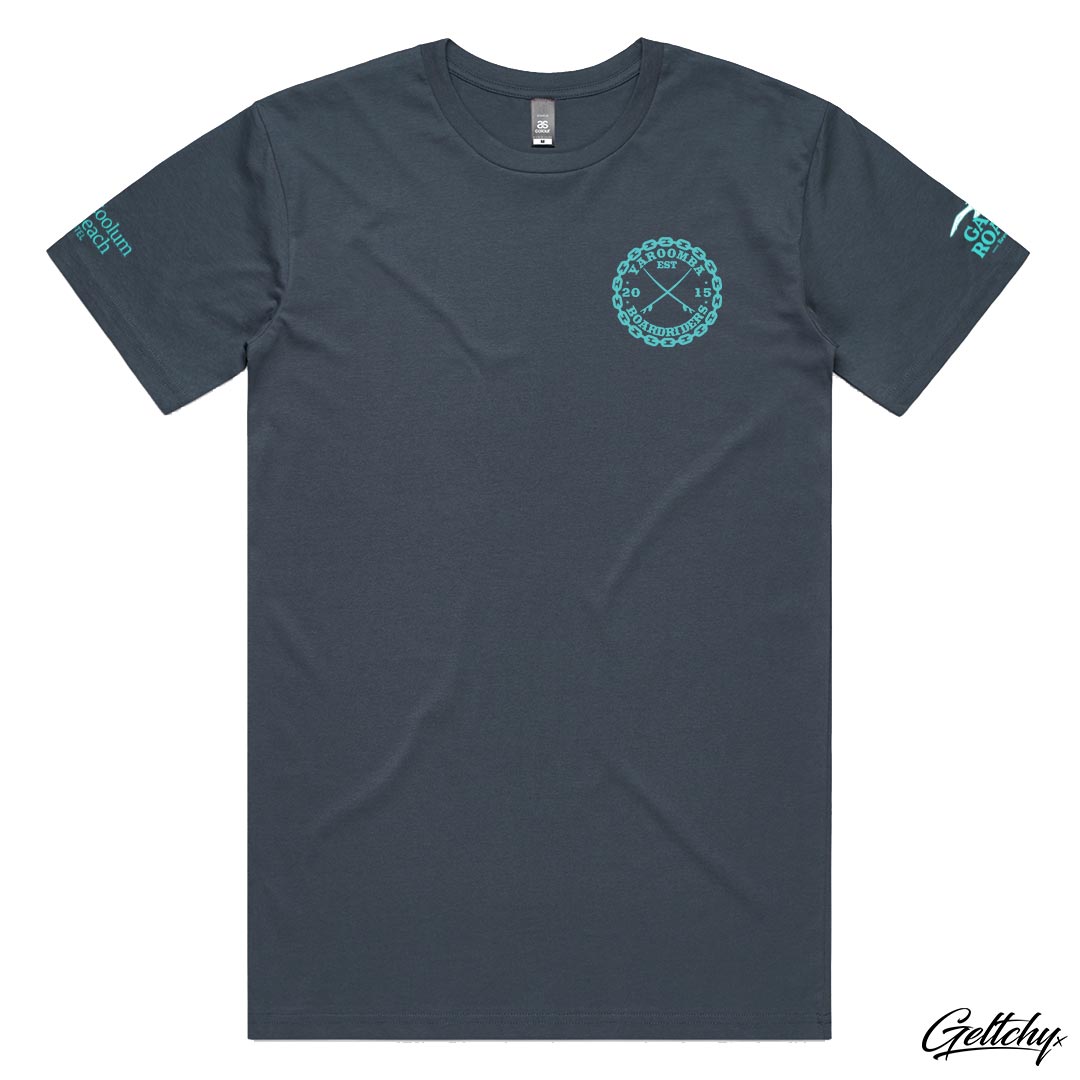 YAROOMBA Boardriders QLD 2023 Mens T-Shirt in Petrol Blue by Geltchy Front Detail