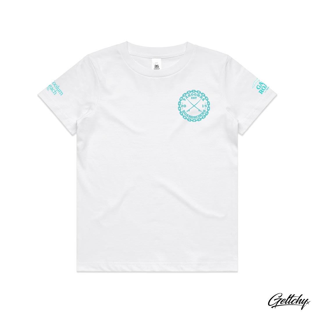 Geltchy | YAROOMBA Boardriders QLD 2023 Merchandise Youth T-Shirt in White - Front detail