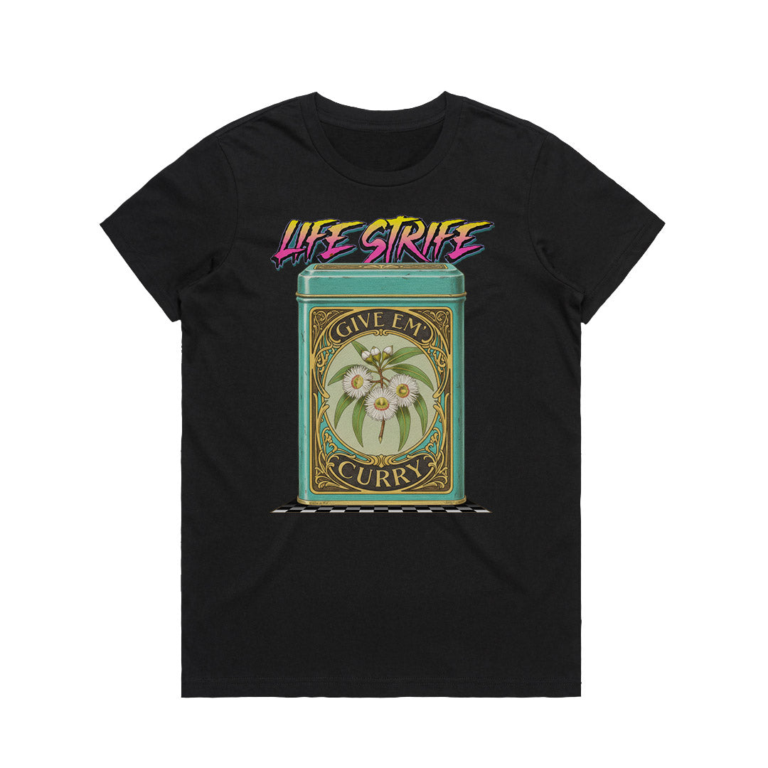 Give Em Curry women's black graphic t-shirt front view featuring vintage curry tin illustration and Life Strife logo, Australian made premium cotton tee
