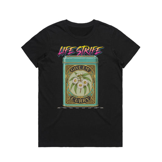 Give Em Curry women's black graphic t-shirt front view featuring vintage curry tin illustration and Life Strife logo, Australian made premium cotton tee