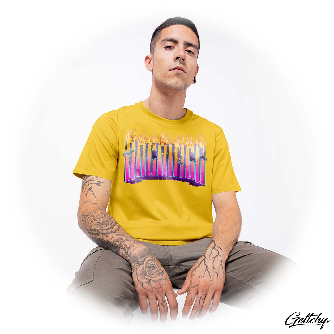 Geltchy | HADES Sunset Yellow Men's T-Shirt by SACRIFICE Industries Clothing, a true testament to passion, precision, and unparalleled quality since 2006