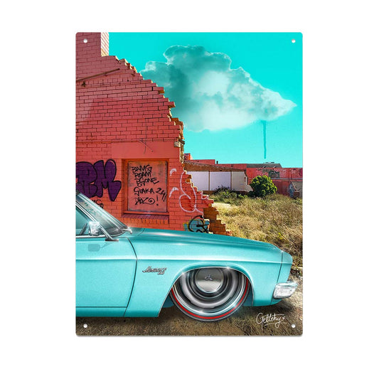 HQ Holden Monaro street art tin sign featuring hand-illustrated Taormina blue muscle car against Caloundra graffiti wall background, A3 premium aluminium print by Sunshine Coast artist Mark Geltch for man cave decor