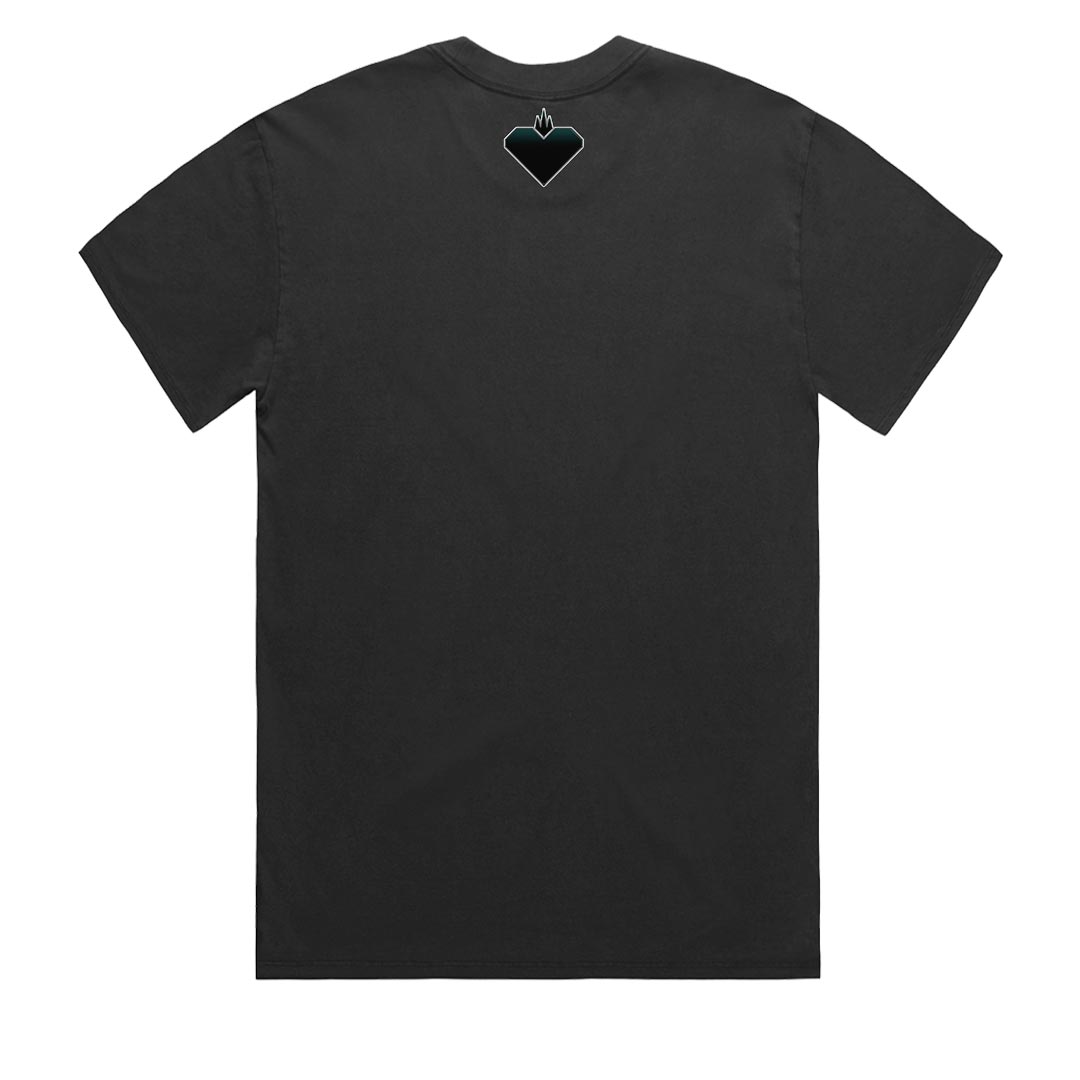 Premium oversized black t-shirt showing garment construction and fit, featuring BURN TYRES NOT YA MATES slogan in death metal font