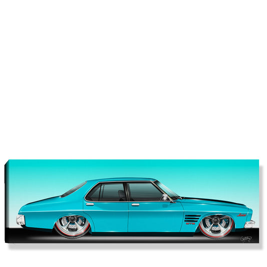 Limited Edition Holden HQ GTS Monaro 4 Door canvas print in Aquamarine Blue, hand-illustrated Australian automotive art by Mark Geltch