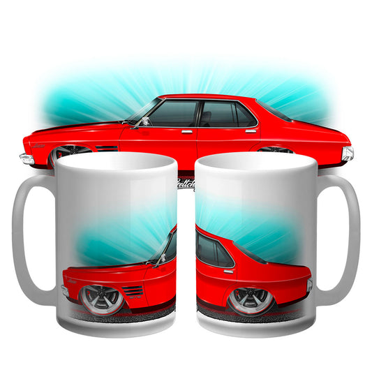 Holden HQ GTS Monaro 4 door Salamanca Red 15oz coffee mug featuring hand-illustrated Australian muscle car artwork by Mark Geltch on white ceramic mug