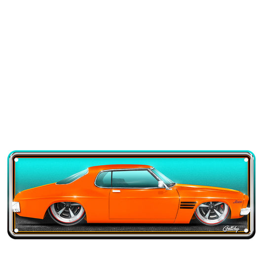 Limited Edition Holden HQ GTS Monaro Tangerine Orange Number Plate Sign, hand-illustrated by Mark Geltch, premium 1mm aluminium, Australian-made man cave decor for automotive enthusiasts.