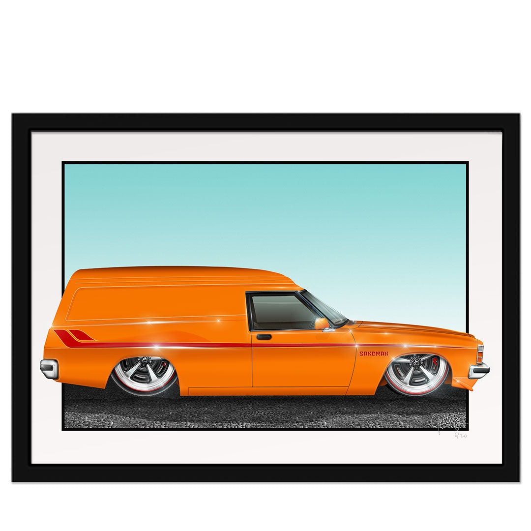 Holden HZ Sandman Panel Van Framed Auto Art Print Man Cave Artwork in Valencia Orange by Geltchy