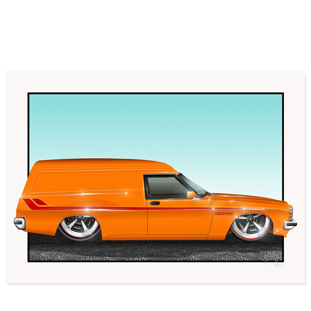 Holden HZ Sandman Panel Van Auto Art Print Man Cave Artwork in Valencia Orange by Geltchy