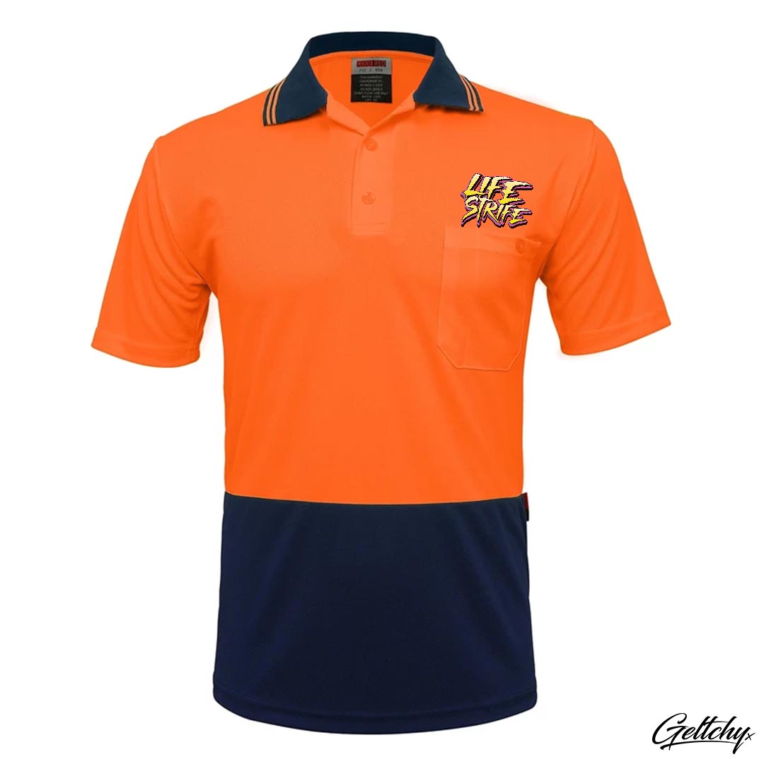 LIFE STRIFE | GRUMPY OLD TRADIE Men's Orange Hi Vis Polo Tradie Work Shirt Back View