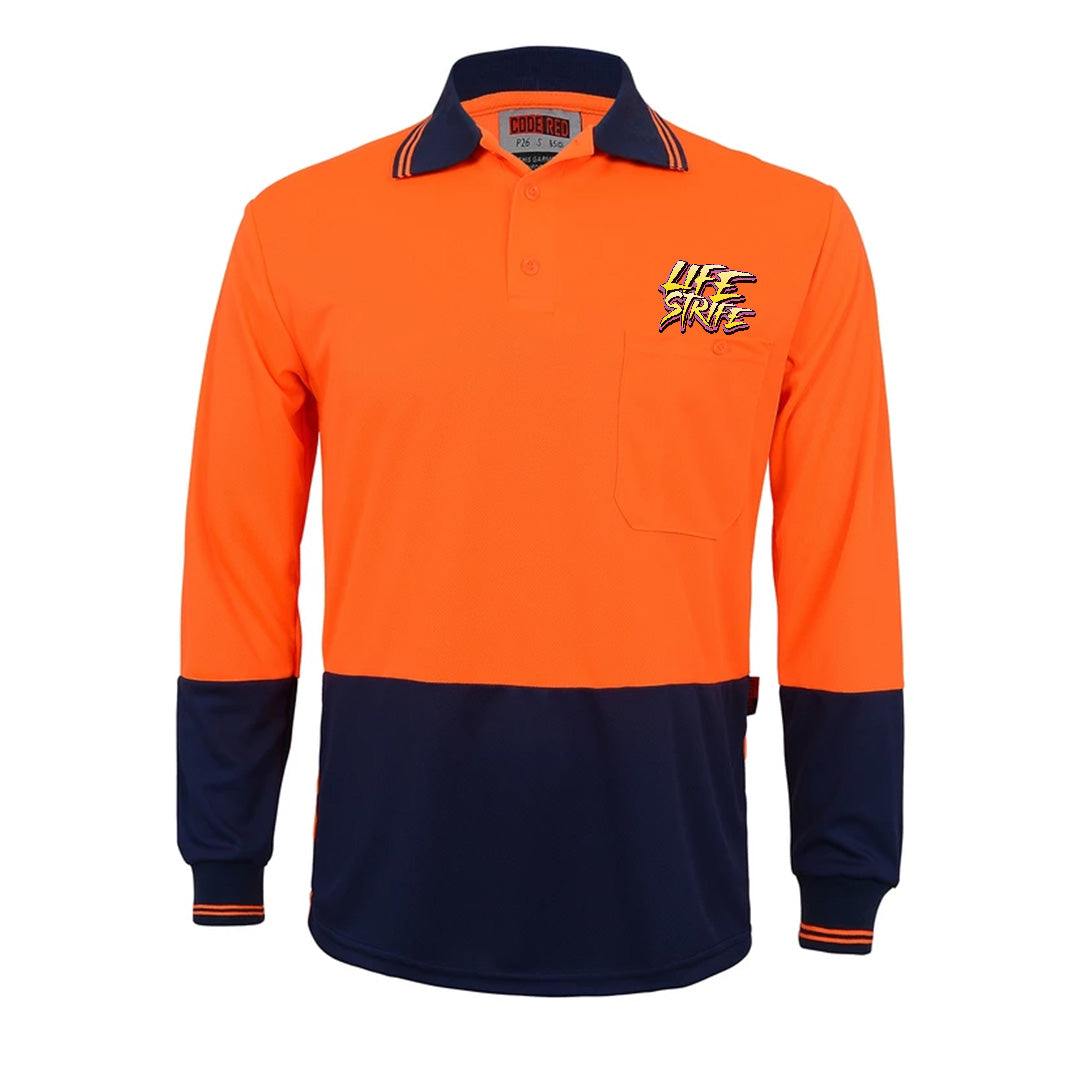 LIFE STRIFE | Support Ya Mates Graphic Shaka Hand Slogan Men's Longsleeve Orange Hi Vis Polo Tradie Work Shirt