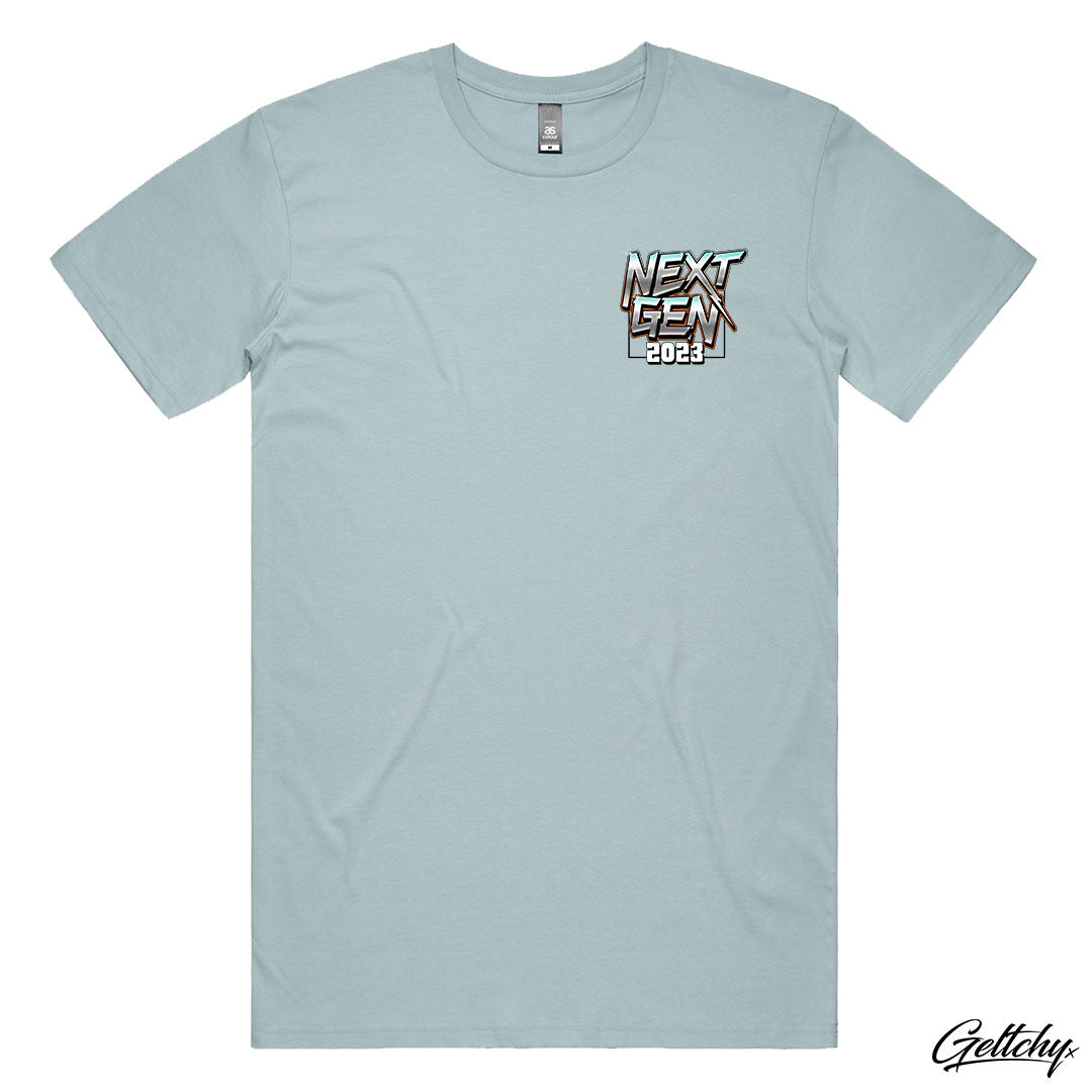 NEXT GEN 2023 Junior Surf Challenge Mens T-Shirt in Pale Blue the official Yaroomba Boardriders competition tee for Australia's premier junior surfing event - Front Detail