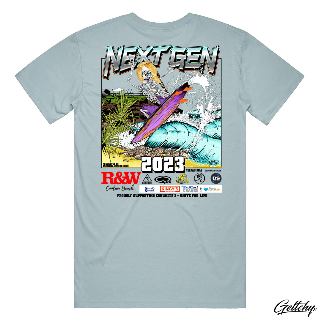 NEXT GEN 2023 Junior Surf Challenge Mens T-Shirt in Pale Blue the official Yaroomba Boardriders competition tee for Australia's premier junior surfing event