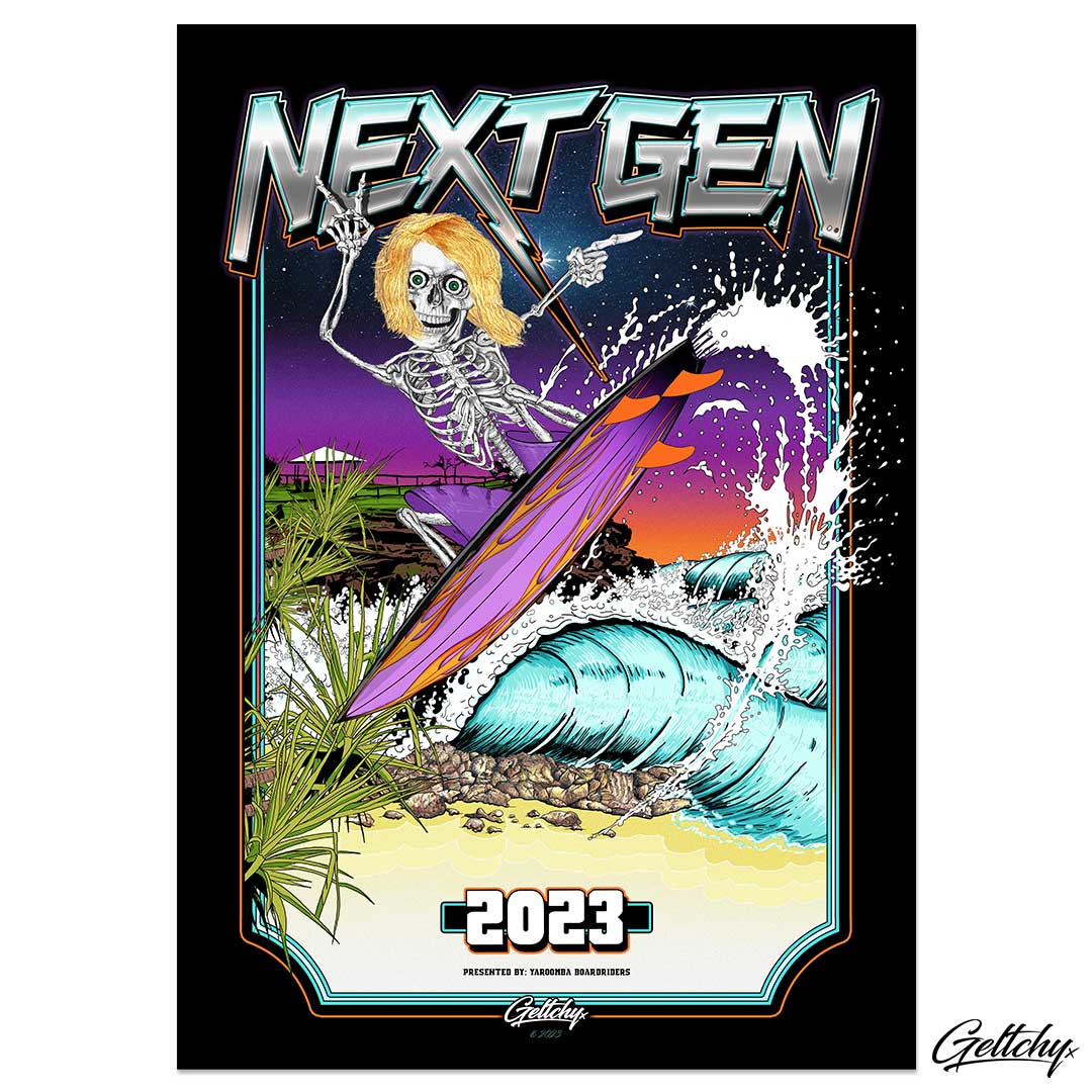 NEXT GEN 2023 Junior Surf Challenge QLD Poster Print a masterpiece Illustrated and Designed by talented local artist Geltchy