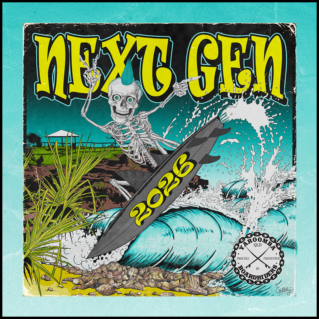 Next Gen Challenge 2026 event poster artwork for Yaroomba Boardriders junior surfing competition at Yaroomba Beach, Sunshine Coast, Artwork designed by Geltchy