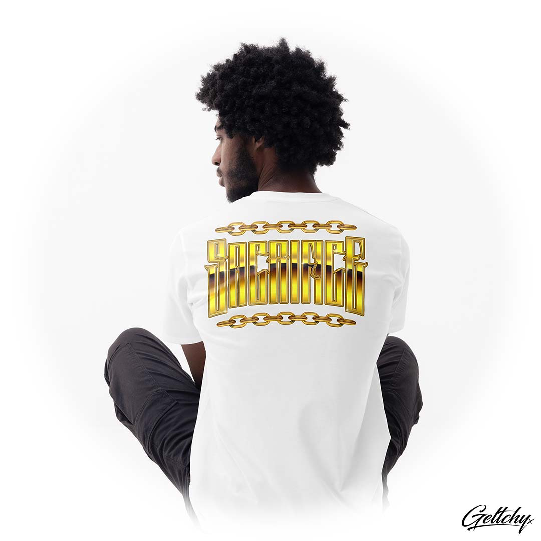 SACRIFICE Clothing | 24K T-Shirt Featuring the iconic Sacrifice Industries Gold Chain Text Logo boldly printed on the back