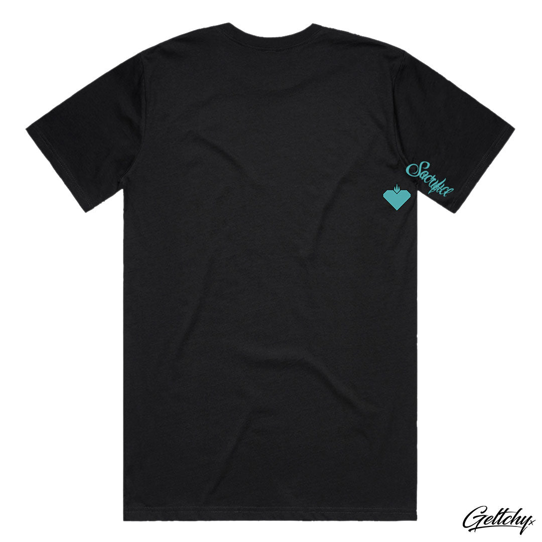  SACRIFICE Industries | CRYPT Mens Black Relaxed Fit Heavy Weight T-Shirt with Teal Script Logo - Back