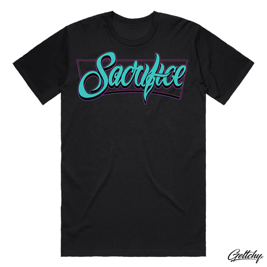  SACRIFICE Industries | CRYPT Mens Black Relaxed Fit Heavy Weight T-Shirt with Teal Script Logo