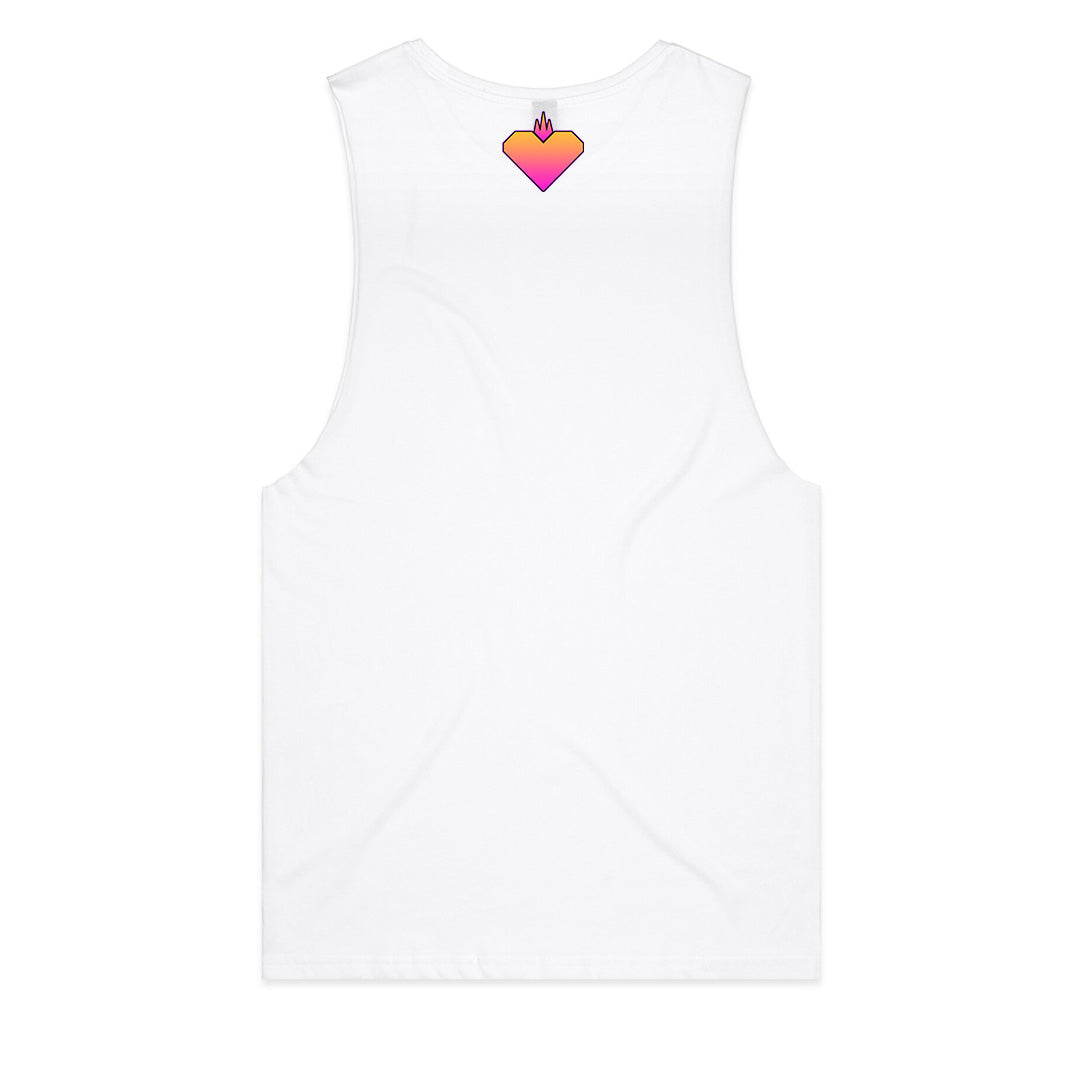 Geltchy | SACRIFICE Industries HADES Men's Flame Text Logo White Singlet - A quintessential piece from SACRIFICE Industries Clothing
