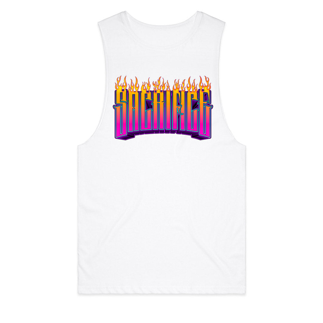 Geltchy | HADES Men's Flame Logo White Singlet by SACRIFICE Industries Clothing 