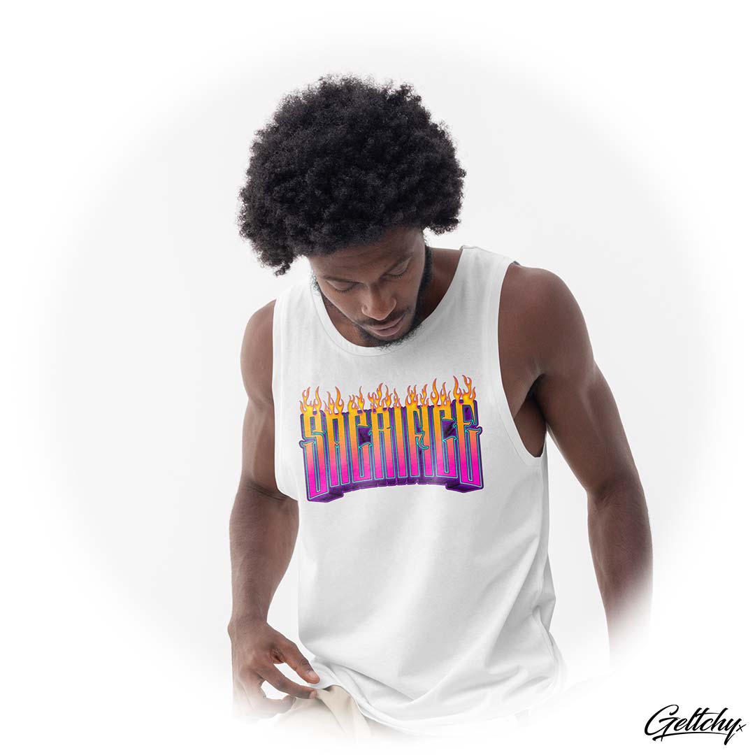 SACRIFICE Industries Clothing | HADES Singlet in white featuring the striking SACRIFICE text logo in fiery flames printed boldly on the front