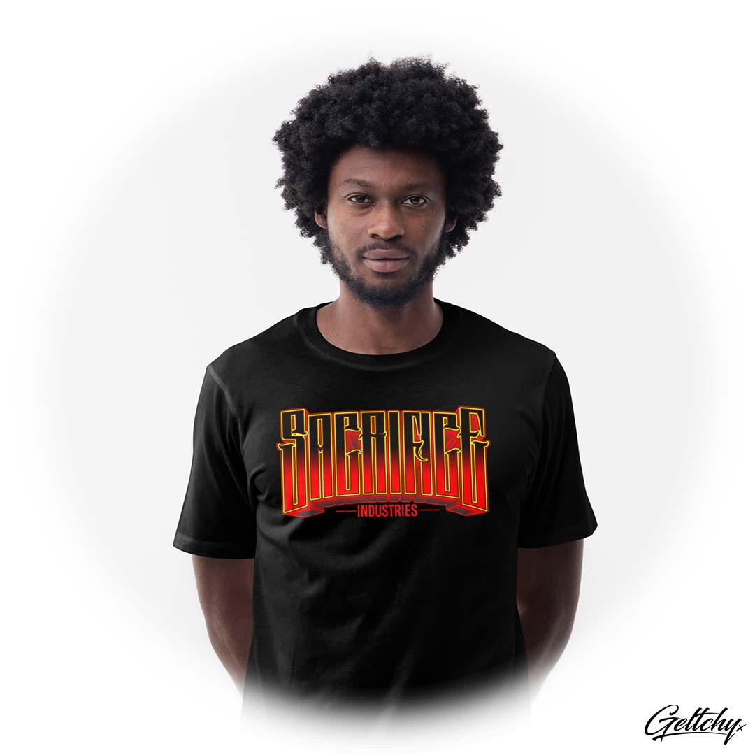 SACRIFICE Industries | DREAMTIME First Nations Black Men's T-Shirt a powerful fusion of cultural heritage and contemporary style - Model