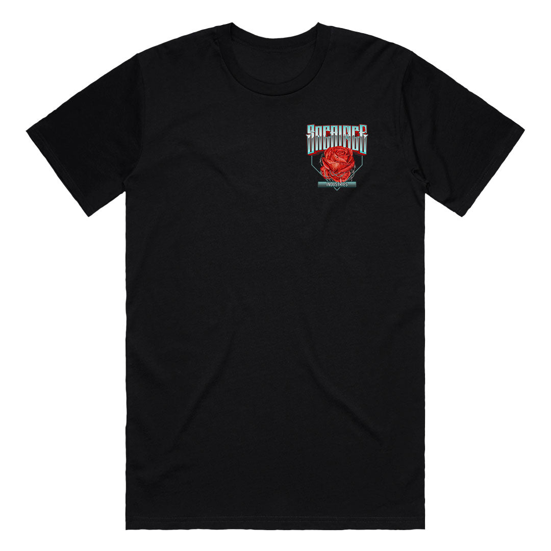 SACRIFICE Industries | PASSION Black Mens T-Shirt featuring a Red Rose Tattoo Flash Inspired Graphic Free Postage Australia Wide - Front Detail