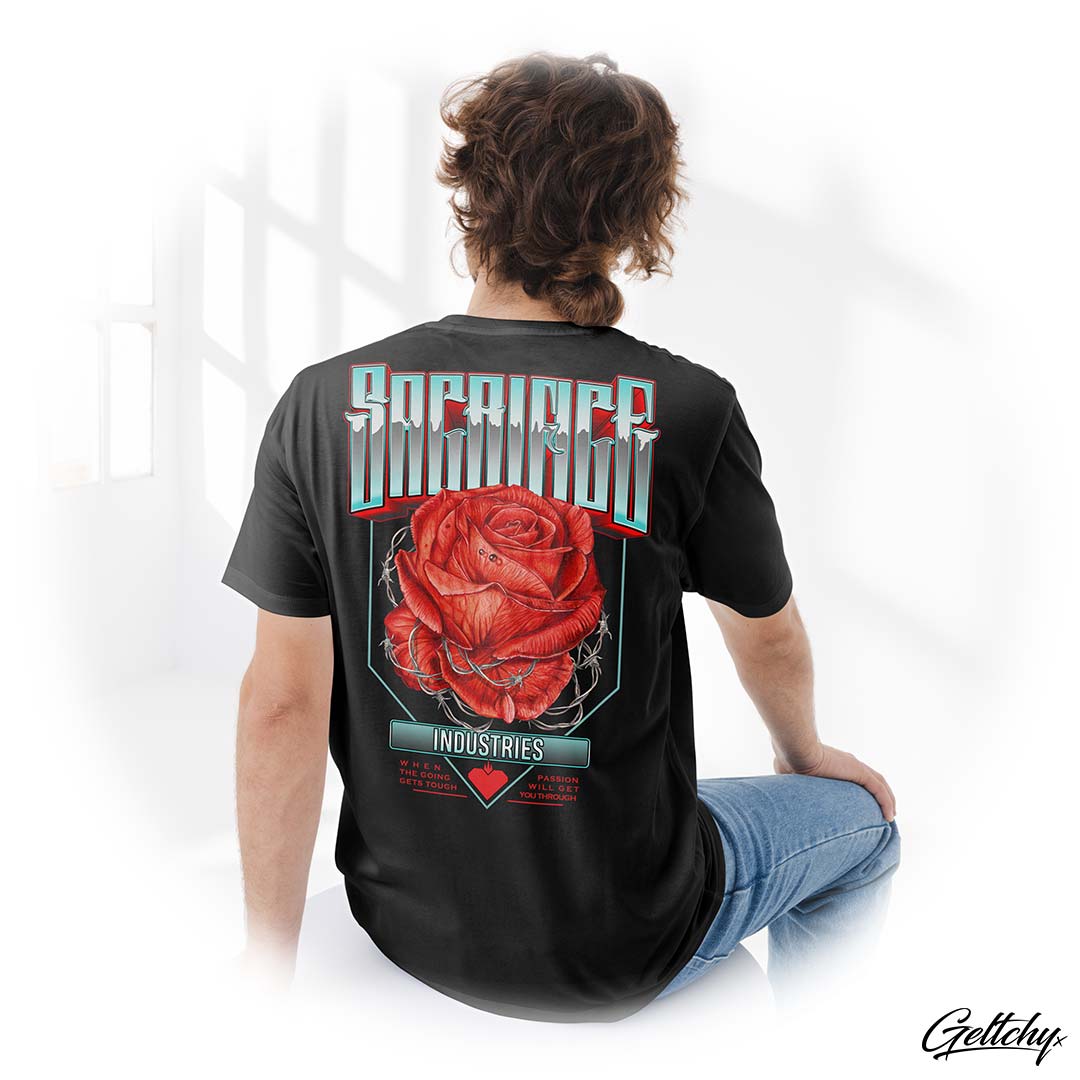 SACRIFICE Industries | PASSION Black Mens T-Shirt featuring a Red Rose Tattoo Flash Inspired Graphic Free Postage Australia Wide - Model