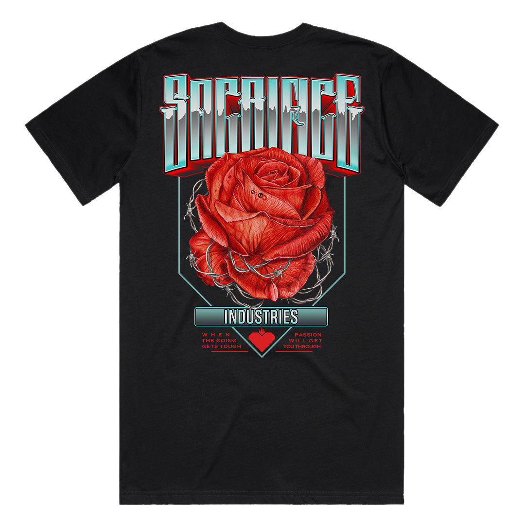 SACRIFICE Industries | PASSION Black Mens T-Shirt featuring a Red Rose Tattoo Flash Inspired Graphic Free Postage Australia Wide