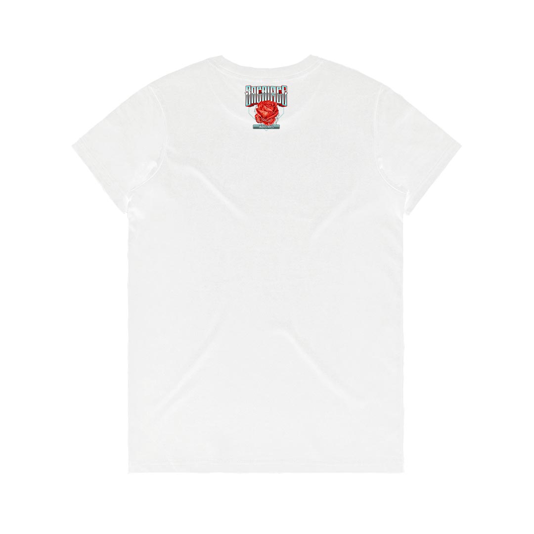 SACRIFICE Industries | PASSION Red Rose White Regular Fit Women's T-Shirt – a symbol of resilience and dedication that transcends mere clothing - Back Detail
