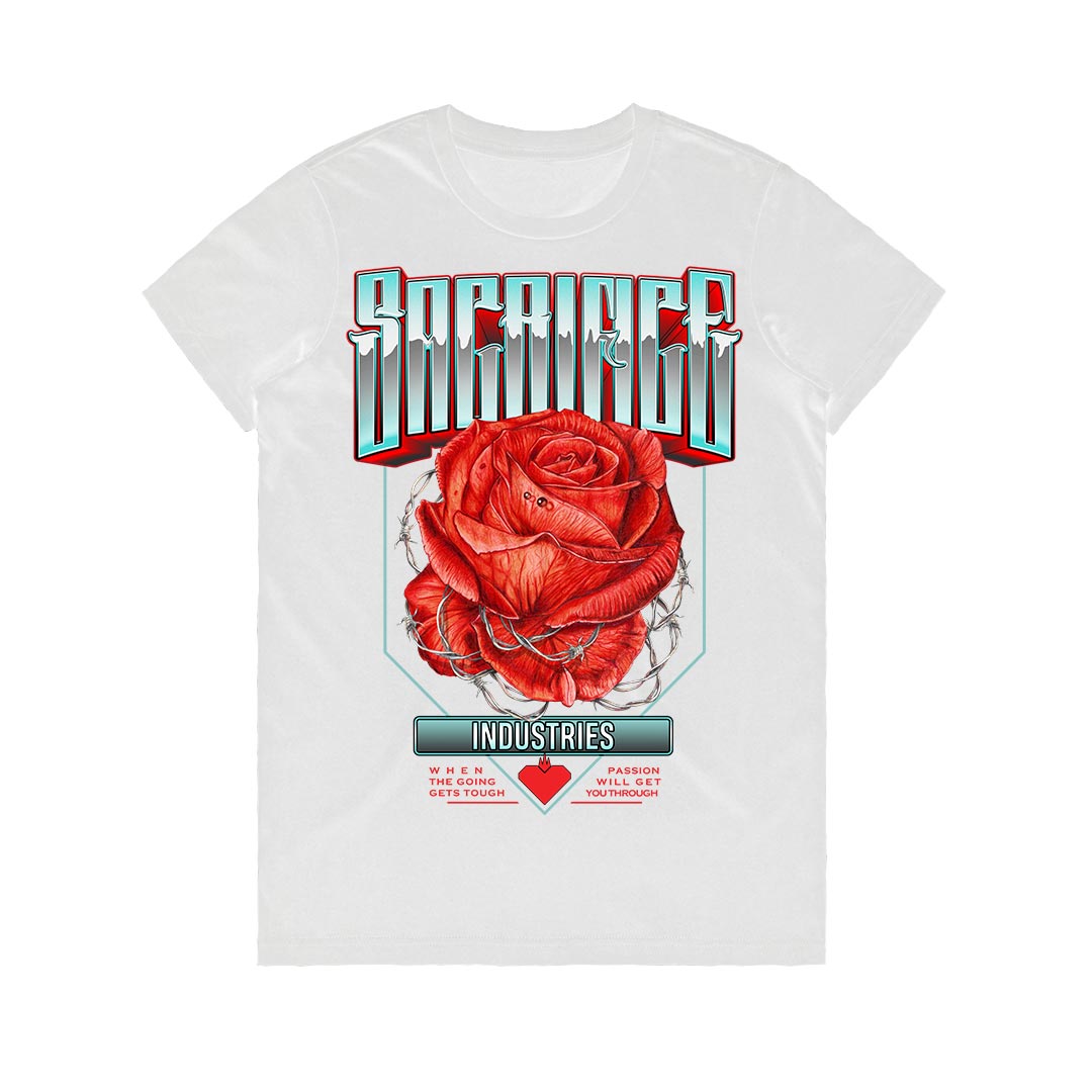 SACRIFICE Industries | PASSION Red Rose White Regular Fit Women's T-Shirt – a symbol of resilience and dedication that transcends mere clothing