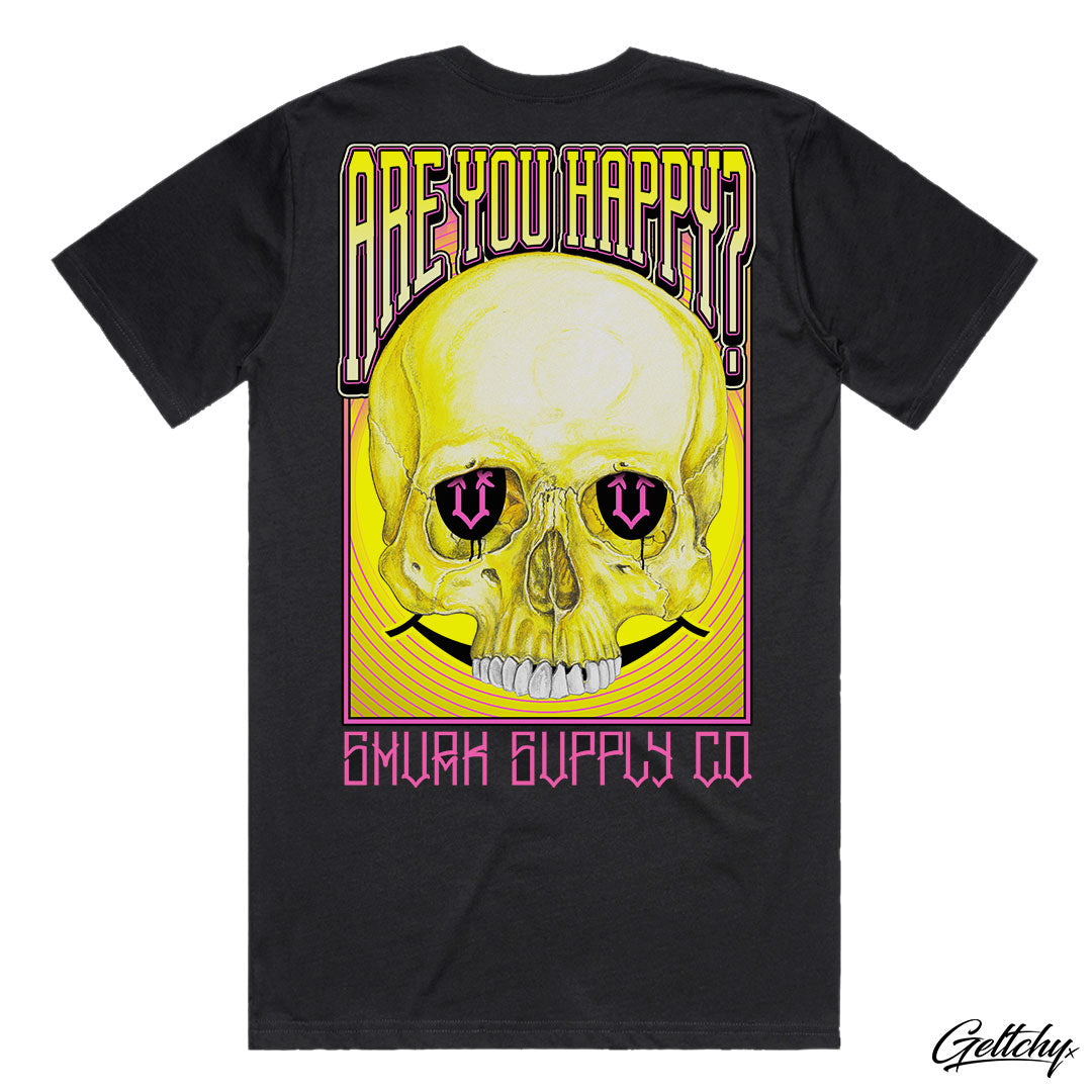 SMVRK Supply Co | Are You HAPPY? Smiley Skull Mens Black Relaxed Fit Heavy Weight T-Shirt