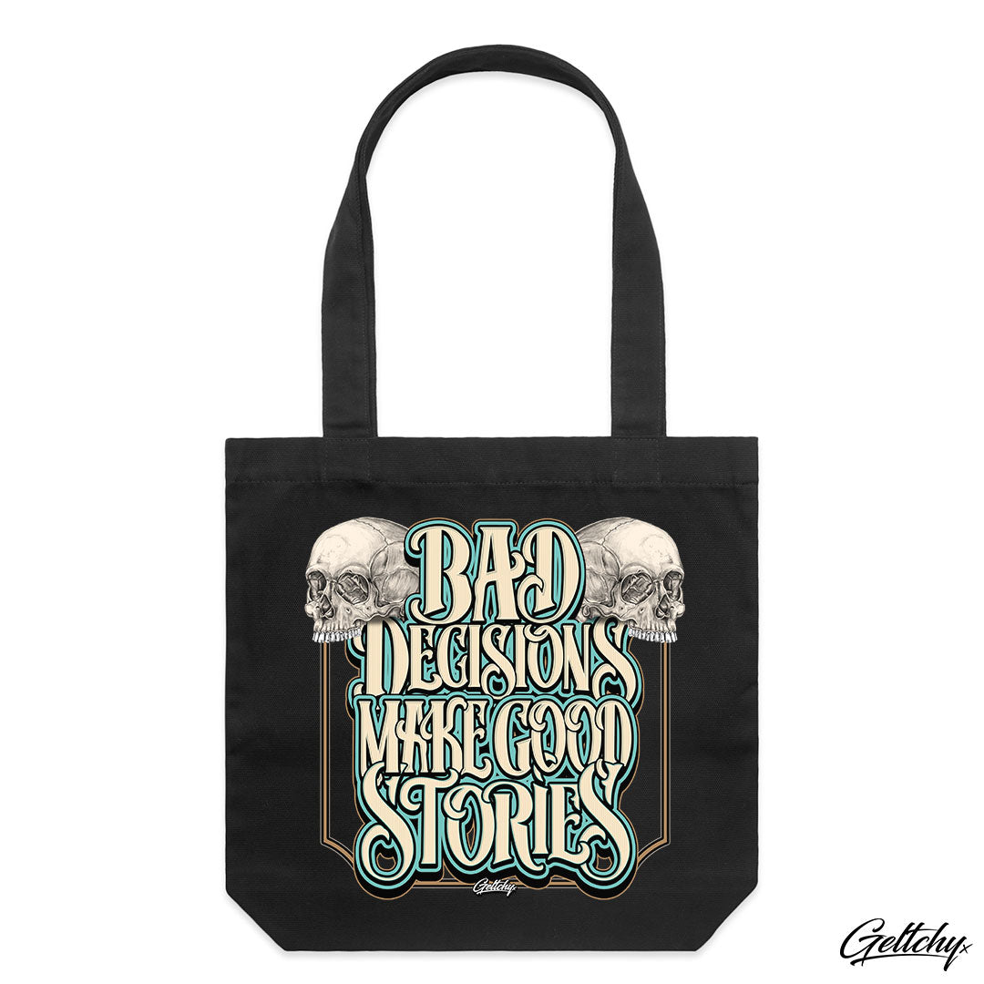 SMVRK Supply Co | BAD DECISIONS MAKE GOOD STORIES Lowbrow Black Heavyweight Large Carry Tote Bag - your perfect companion for those spontaneous, thrill-seeking journeys!