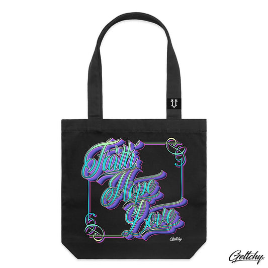 SMVRK Supply Co | FAITH HOPE LOVE Typography Lettering Black Heavyweight Large Carry Tote Bag Where style and substance come together in perfect harmony