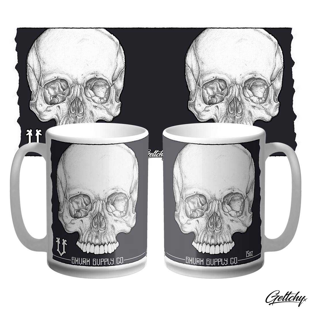 Geltchy | SMVRK Supply Co Large 15oz Old School Punk Skull Matte Black Illustrated Unique Coffee Mug