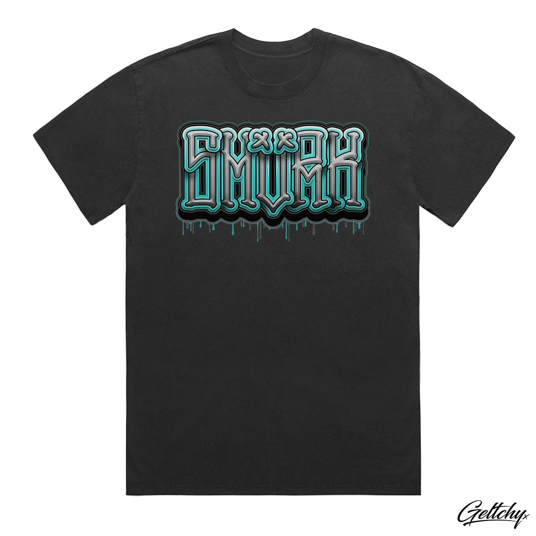 SMVRK Supply Co Teal Graffiti Letters Men's Faded Black Relaxed Fit Heavy Weight T-Shirt